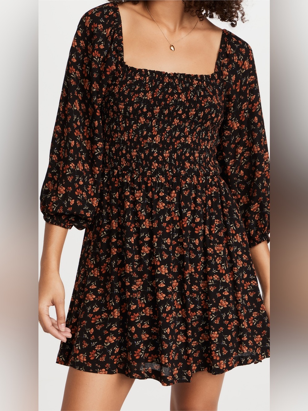 Lost + Wander Smocked Square-Neck Floral Mini Dress “Orange Party Mini”